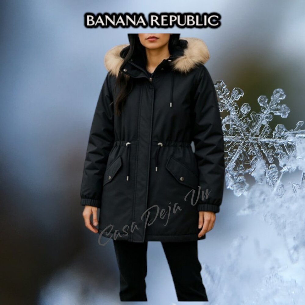 Banana Republinc Fur Lined Hooded Black Winter Coat Jacket Parka